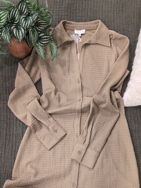 Tan Button-Front Waffle Knit Shirt